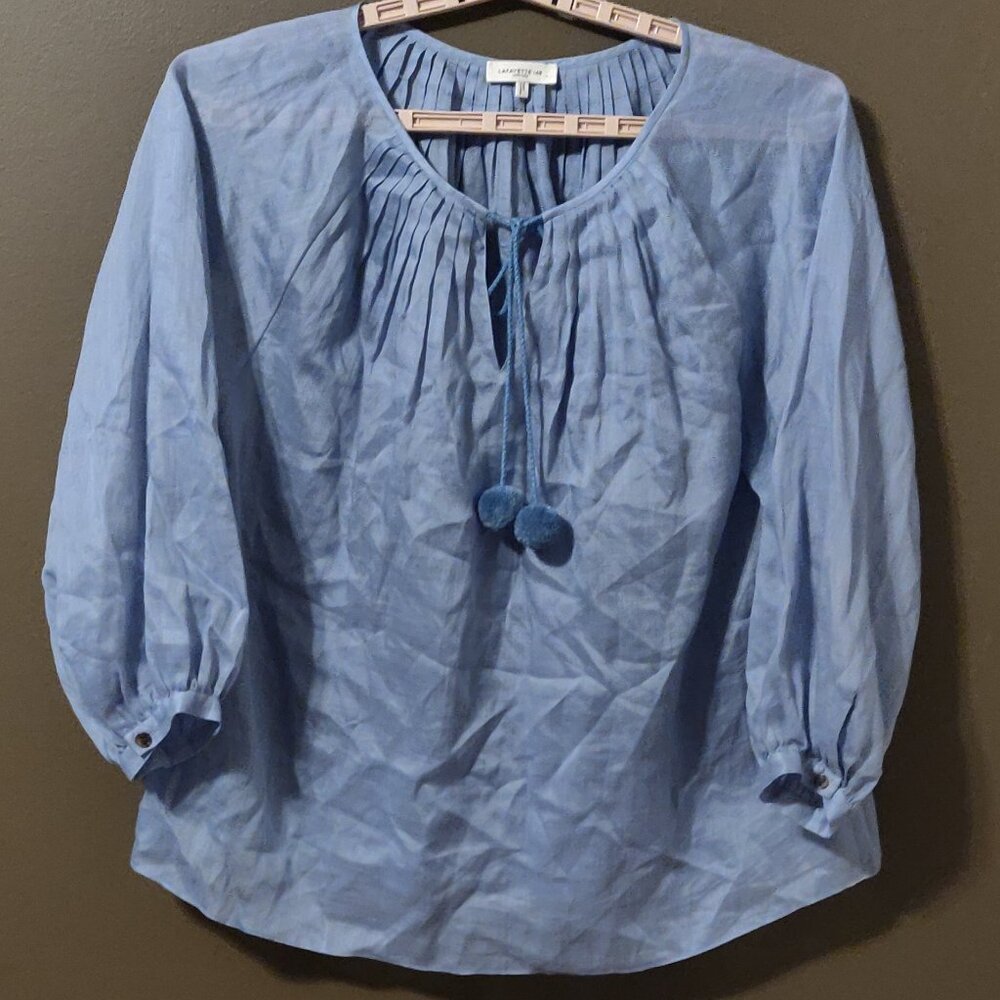 Lafayette 148 Light Blue Peasant Top With front Tie SIZE MEDIUM